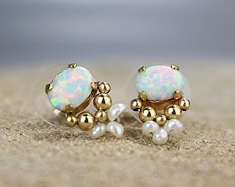 White Opal Pearl Gold Filled Studs Wedding Earrings, Vintage Inspired Earrings, Opal Studs, Mother of the Bride, Bridesmaid Earrings, Boho