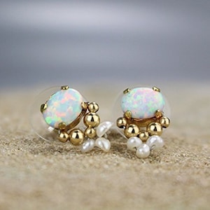 White Opal Pearl Gold Filled Studs Wedding Earrings, Vintage Inspired Earrings, Opal Studs, Mother of the Bride, Bridesmaid Earrings, Boho
