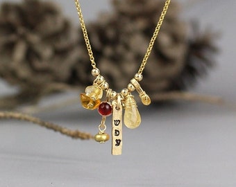 Gold Hebrew Engraved Abundance Necklace, Meaningful Gifts, Empowerment Gifts, Gemstone Charm Necklace, Carnelian, Citrine, Pearl