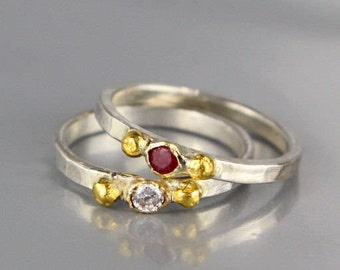 Sterling Silver Wedding Band Bezel Set with Genuine Ruby or Real Diamond Affordable Wedding Ring Hammered Ring Size 9 10 11 12