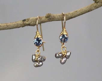 Dainty Light Blue Zirconia Pearl Dangle Earrings