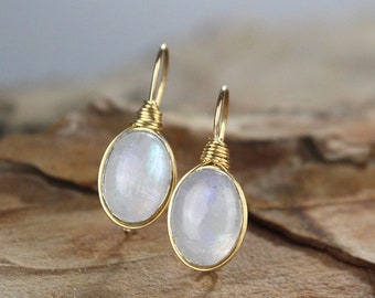 Oval Moonstone Wire Wrapped Earrings, Moonstone Birthstone, Elegant Bridal Earrings