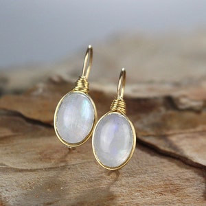 Oval Moonstone Wire Wrapped Earrings, Moonstone Birthstone, Elegant Bridal Earrings