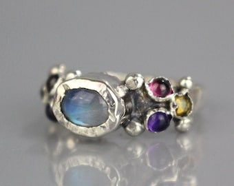 Gemstones Ring, Silver Ring, Stacking Ring, Moonstone Ring, Silver Gemstone Ring, Multistone Ring, Statement Ring