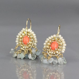 Coral Aquamarine and Pearls Cherkes Handmade Earrings, Mother of the Bride Earrings, Mother of the Groom Earrings, Bridal Earrings image 1