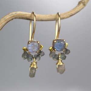 Labradorite Dancer Earrings, Unique Small Gifts, Gold Filled Labradorite Earrings, Gift for Her, Labradorite Jewelry, Petite Earrings