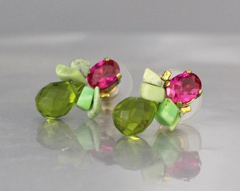 Gift for Women, Pink Green Stud Earrings, Colorful Stud Earrings, Stud Earrings, Unique Posts, Pink Gifts, Colorful Earrings, Unique Studs