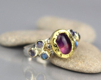 Bohemian Engagement Ring, Mixed Metal Gold Silver Amethyst Labradorite Engagement Ring, February Birthstone, Birthstone Ring