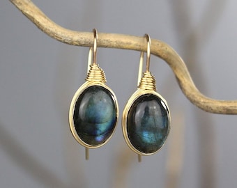 Unique Labradorite Gold Filled Wire Wrap Earrings, Oval Hook Earrings, Labradorite Wedding Jewelry