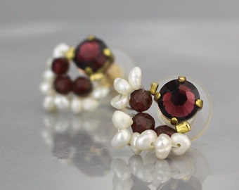 Pearl Garnet Stud Earrings, Garnet Studs, Pearl Stud Earrings, Garnet Earrings, Fan Earrings, Pearl Studs, January Birthstone Earrings