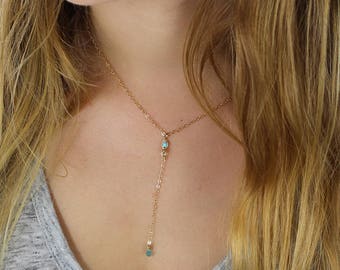 Turquoise Y Necklace, Gold Filled Necklace, Dainty Gold Filled Necklace, Lariat Necklace, Birthstone Necklace, Turquoise Necklace, Boho