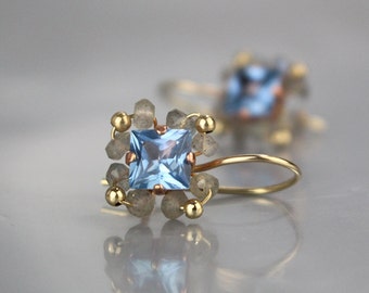 Blue CZ Earrings, Labradorite Earrings, Something Blue, Gold Filled Earrings, Unique Square Earrings, Gifts, Unique Jewelry, Gold Filled