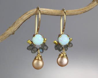 Round Opal Earrings, Opal Dancer Earrings, Bridal Earrings, Wedding Bridal Earrings, Golden Pearl Drop Earrings, Unique Gifts for Her