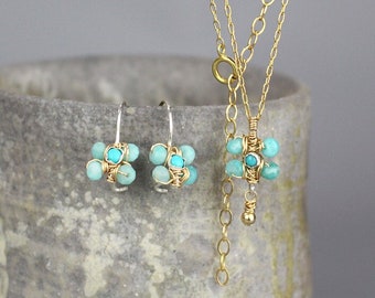 Turquoise Jewelry Set, Jasmine Earrings and Necklace Set, Flower Earrings, Turquoise Pendant Necklace, Turquoise Wedding, Turquoise Earrings