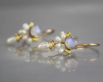 Moonstone Pearl Dancer Earrings, Unique Bridal Earrings, Moonstone Earrings, Petite Bridal Earrings, Gift Ideas, Pearl Wedding Earrings