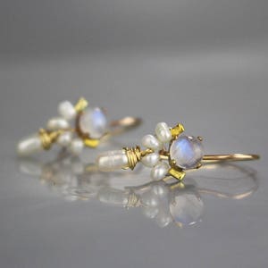 Moonstone Pearl Dancer Earrings, Unique Bridal Earrings, Moonstone Earrings, Petite Bridal Earrings, Gift Ideas, Pearl Wedding Earrings