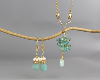 Elegant Amazonite Pearl Earrings Necklace Jewelry Set