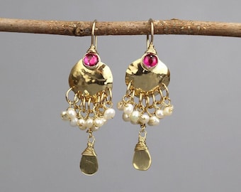 Statement Earrings, Fuchsia Zircon Earrings, Pearl Earrings, Hammered Earrings, Bridal Earrings, Wedding Guest Jewelry, Cluster Earrings