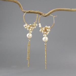 Pearl and Gold Filled Cluster Earrings, Romantic Gift, Pearl Jewelry, Dangle Hoop Earrings, Unique Pearl Hoops, Spring Weddings image 1