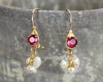 Pink Fuchsia Earrings, Bridesmaid Earrings, Dainty Pearl Dangle Earrings, Petite Earrings, Gift for Best Friend, Small Earrings