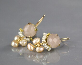 Rose Quartz Pearl Clover Earrings, Gold Filled Earrings, Clover Jewelry, Dainty Bridal Earrings, Wedding Jewelry