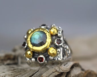 Rectangular Labradorite 22K Solid Gold Silver Signet Ring