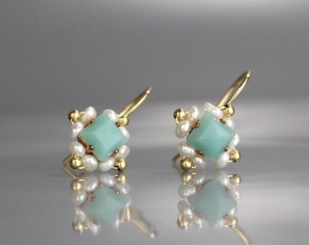 Small Turquoise Amazonite Earrings, Bridal Light Blue Earrings, Dainty Pearl Wedding Earrings
