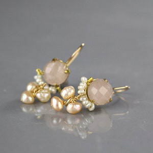 Rose Quartz Pearl Clover Earrings, Gold Filled Earrings, Clover Jewelry, Dainty Bridal Earrings, Wedding Jewelry