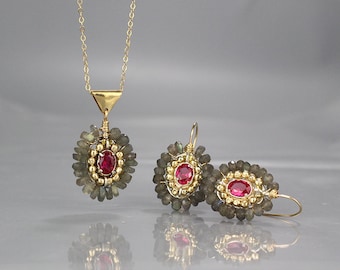 Statement Jewelry Set, Pink CZ Labradorite Earrings Necklace Set, Cherkes Jewelry Set, Labradorite Earrings, Labradorite Necklace, Gift Idea