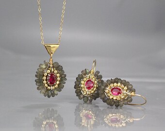 Statement Jewelry Set, Pink CZ Labradorite Earrings Necklace Set, Cherkes Jewelry Set, Labradorite Earrings, Labradorite Necklace, Gift Idea