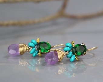 Small Vibrant Colorful Spring Drop Earrings, Green Glass Turquoise Howlite Amethyst Earrings