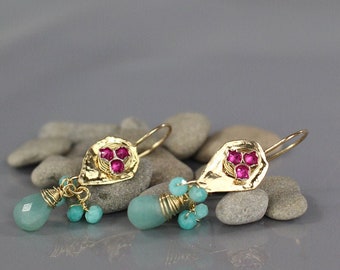 Rosa Schutz Ohrringe, Amazonit Ohrringe, spirituelle Ohrringe, einzigartige rosa Zirkon Amazonit Ohrringe, bunte Edelstein Ohrringe