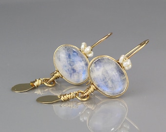 Moonstone Crown Earrings with Freshwater Pearl in 14K Gold Filled, Moonstone Jewelry, Bridal Earrings, Wedding Earrings, Gift for Her