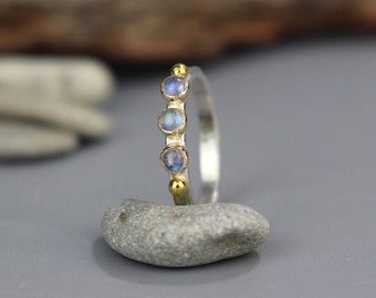 Moonstone Triple Stone Ring, Silver Gemstone Stacking Ring, Unique Delicate Wedding Band, Stackable Rings - More Gemstones Available!