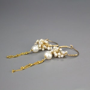 Pearl and Gold Filled Cluster Earrings, Romantic Gift, Pearl Jewelry, Dangle Hoop Earrings, Unique Pearl Hoops, Spring Weddings image 2