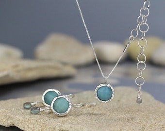 Sterling Silver Amazonite Bohemian Bridal Jewelry Set, Simple Gemstone Necklace and Earrings Wedding Set, Unique Xmas Gifts