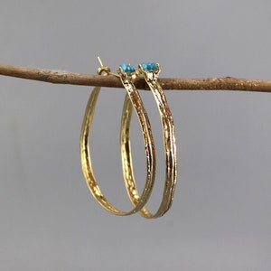 Hammered Hoop Earrings, Apatite Hoop Earrings, Gemstone Hoop Earrings, XL Hoop Earrings, Extra Large Hoops, Gold Hoop Earrings, Unique Hoops