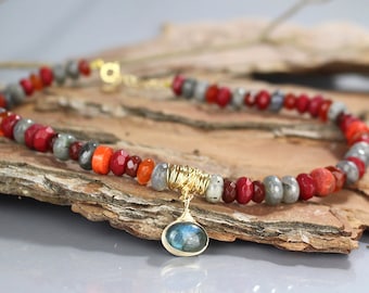 Labradorite Statement Pendant Necklace, Unique Red Carnelian Necklace