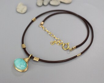 Unique Bohemian Amazonite Pendant Leather Cord Necklace