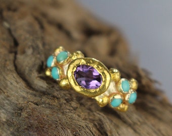 Amethyst Wedding Ring, 24K Gold Amethyst Ring, Gold Turquoise Ring, Turquoise Engagement Ring, Amethyst Engagement Ring, Amethyst Ring