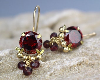 Red Clover Earrings, Garnet Cluster Earrings, Unique Red Gifts, Gold Filled Earrings, Clover Jewelry, Red Bridal Earrings, Bridesmaid Gifts