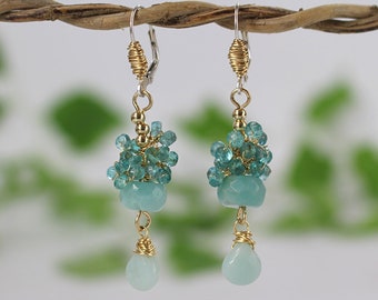 Light Blue Apatite Cluster Drop Earrings, Unique Bohemian Bridesmaid Earrings