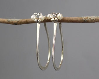 Silver Hoop Earrings, Hammered Hoop Earrings, Large Hoop Earrings with Pearl, Bridal Hoop Earrings