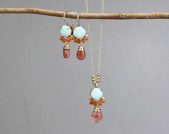 Opal Earrings Necklace Set, Lab Opal, Carnelian, Cherry Quartz, Jewelry Set, Bridesmaid Gift, Bohemian Earrings, Dainty Drop Necklace