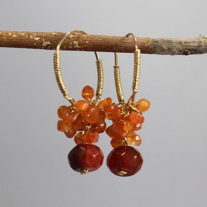 Carnelian Hoop Earrings, Large Cluster Earrings, Wire Wrap Hoops, Orange Red Carnelian Earrings, Dangle Hoops, Gemstone Hoop Earrings