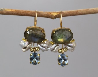 Bezel Set Labradorite Dangle Earrings with Pearls and Blue CZ Bridal Wedding Labradorite Statement Earrings, Gift for Women