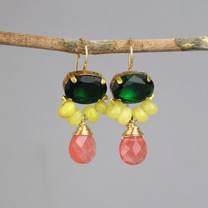 Big Gemstone Earrings, Green and Pink Earrings, Statement Earrings, Green Zircon Earrings, Unique Dangle Earrings, Green Jewelry, Boho Chic