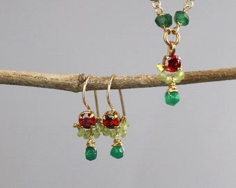 Green Red Jewelry Set, Gemstone Earrings and Necklace, Bridesmaid Gift, Red Zircon Earrings, Peridot Necklace, Boho Jewelry, Aventurine