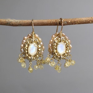Elegant Statement Earrings, Moonstone Pearl Cherkes Earrings, Citrine Earrings, Bridal Earrings, Wedding Jewelry, Gemstone Wedding Earrings
