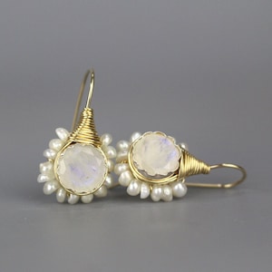 Bridal Wedding Earrings, Moonstone Pearl Flower Earrings, Rainbow Moonstone Jewelry, Unique Wedding Earrings